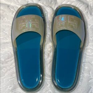 Tory Burch Blue Cream Aurora Borealis Effect Iridescent Color Slide Sandals
